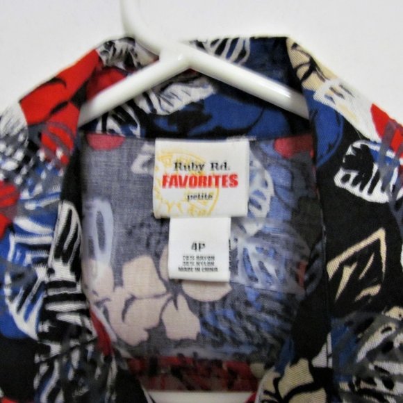 Ruby Rd Favorites Red White Blue Floral Sheer Blouse - Picture 3 of 9